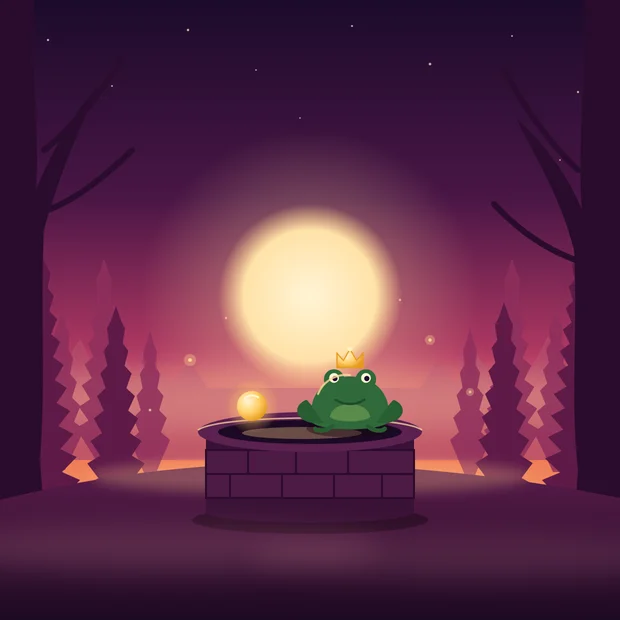 Illustration zum Märchen vom Froschkönig: ein Frosch mit goldenem Krönchen sitzt auf dem Brunnenrand, daneben die goldene Kugel