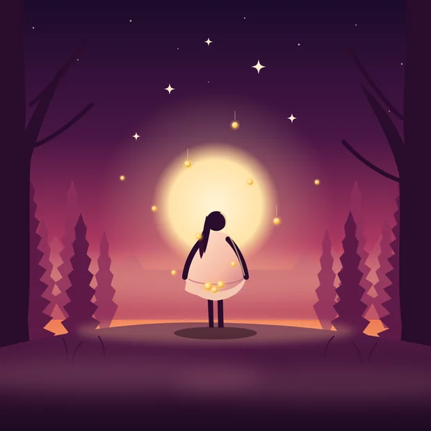 Illustration zum Märchen vom Sterntaler: ein Mädchen hält sein Hemd auf, Sterne fallen als Taler vom Abendhimmel